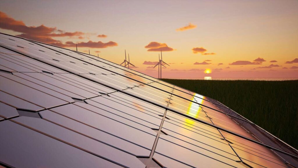Solar panels with sunset