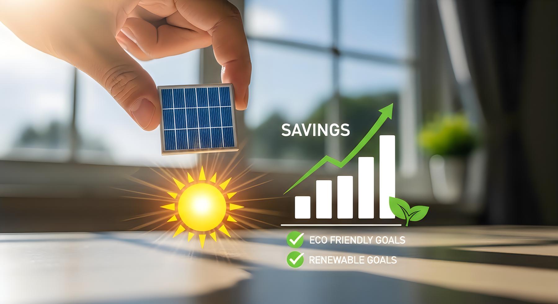 Showing solar panel, the sun and graph showing savings increasing